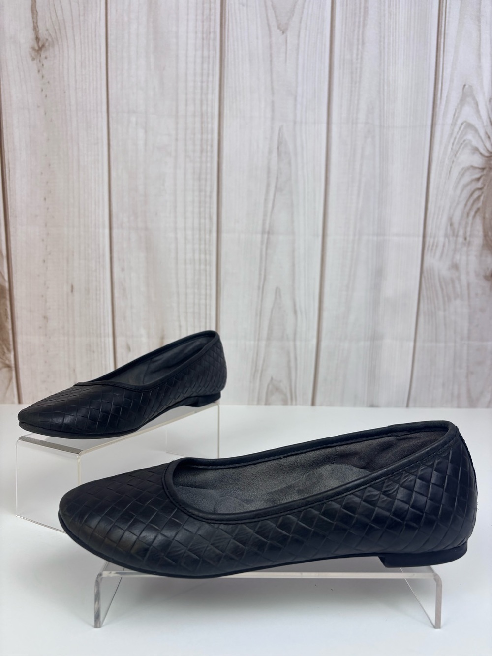 Aetrex Lyla Leather Woven Ballet Flats Orthotic Slip On Shoes Black Size 8.5